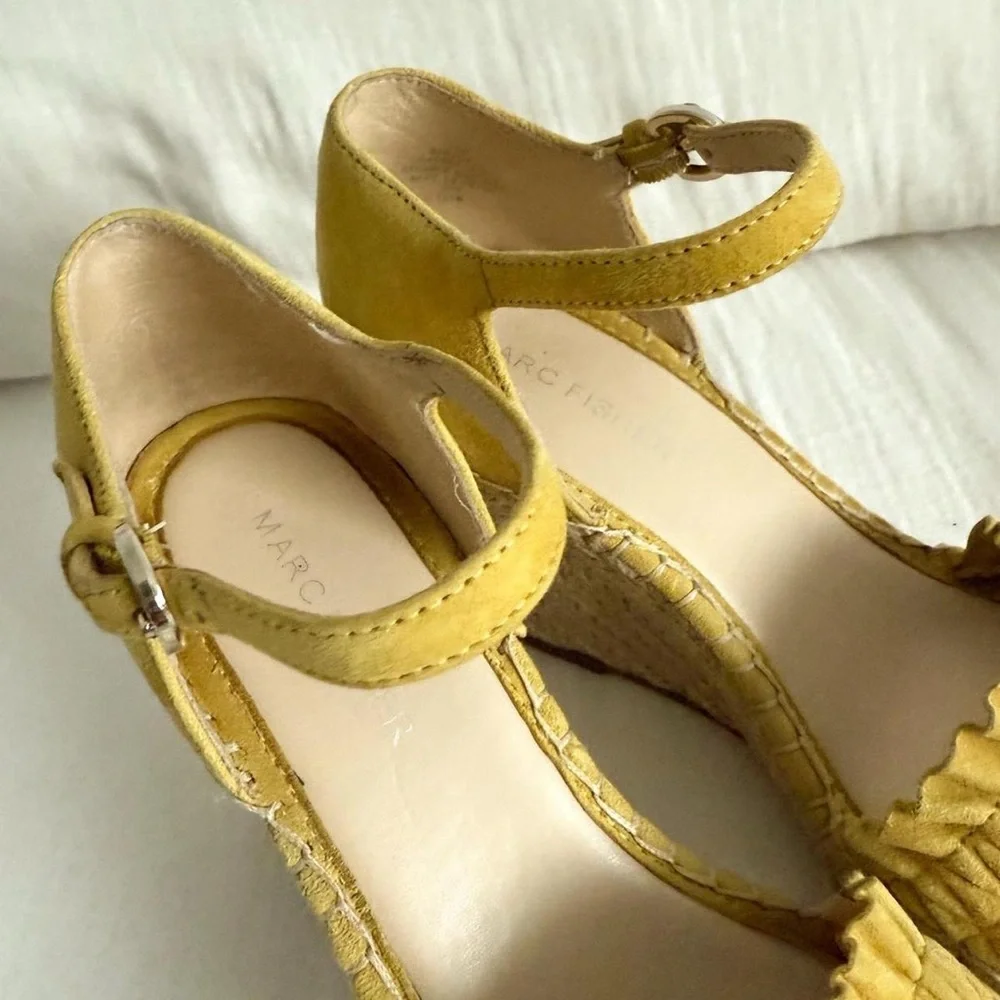 Marc Fisher Kadria Yellow Suede Espadrille Wedge Sandals